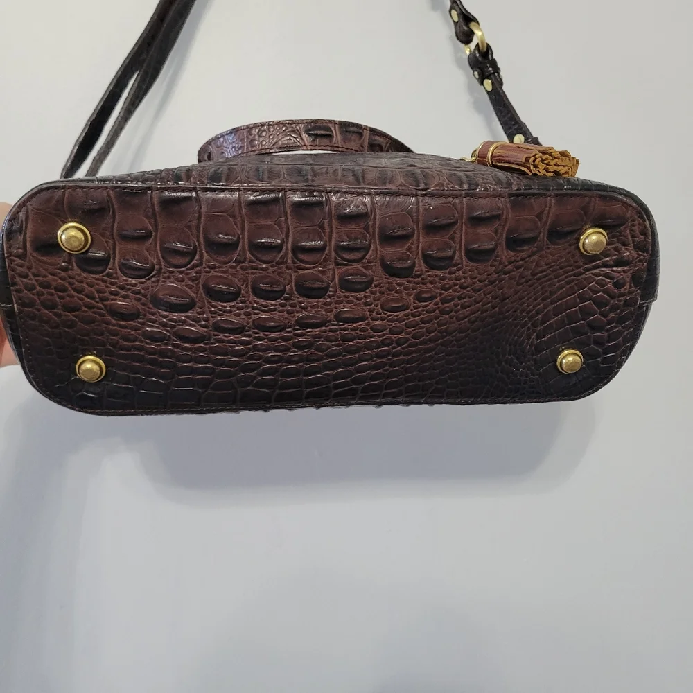 Brahmin Mini Asher Satchel Bag Croc Embossed Rich Dark Brown Grey Tan Luxury